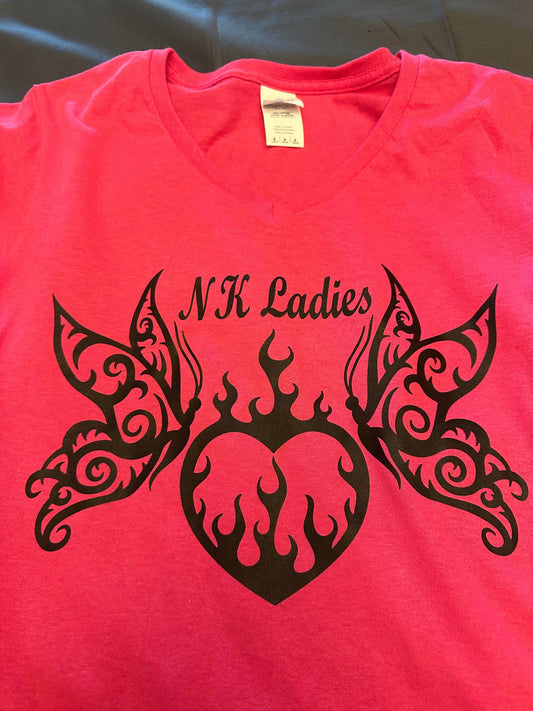 NKL V-neck T-shirt with Heart/Butterflies - RED