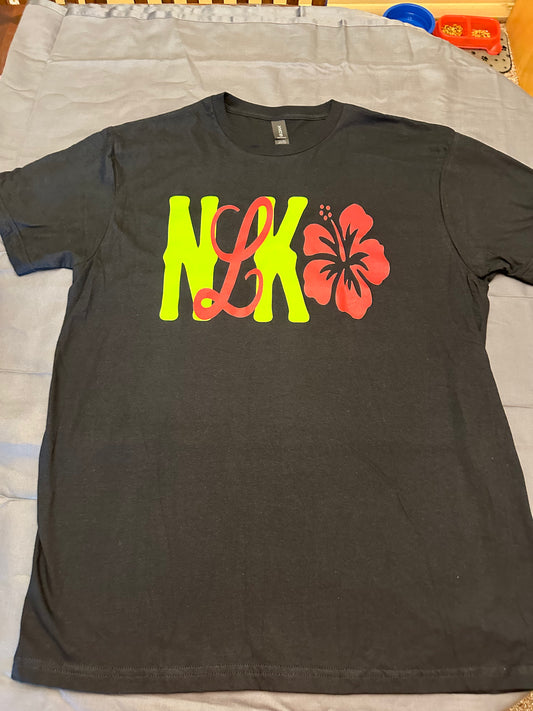 NKL Ladies T-shirt with Hibiscus Hawaiian Red Flower - Black