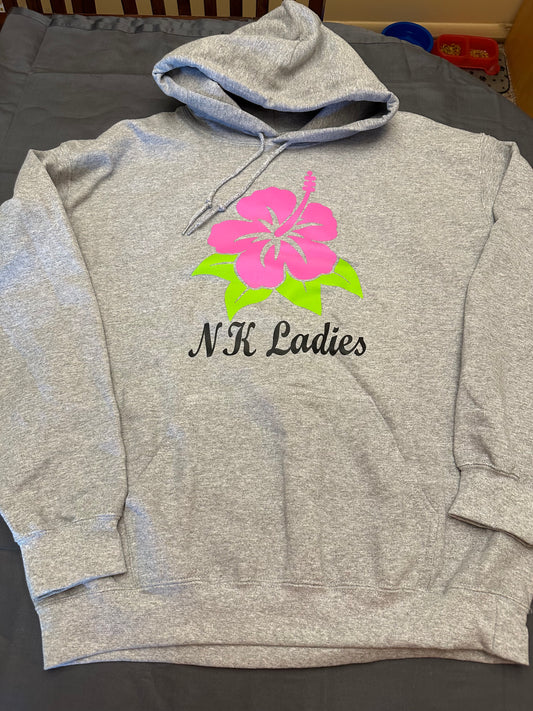 NKL Ladies Hoodie with Hibiscus Hawaiian Flower Pink (3 color image) - Sport Gray